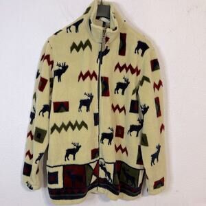 Woolrich Women Beige/Maroon Elk Print Full Zip Up Jacket Size L